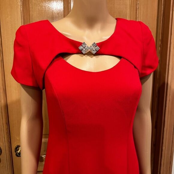 EUC Vintage 1980s Donna Ricco Red  Cut-out Rhinestone Detail Neckline Dress - Picture 3 of 7
